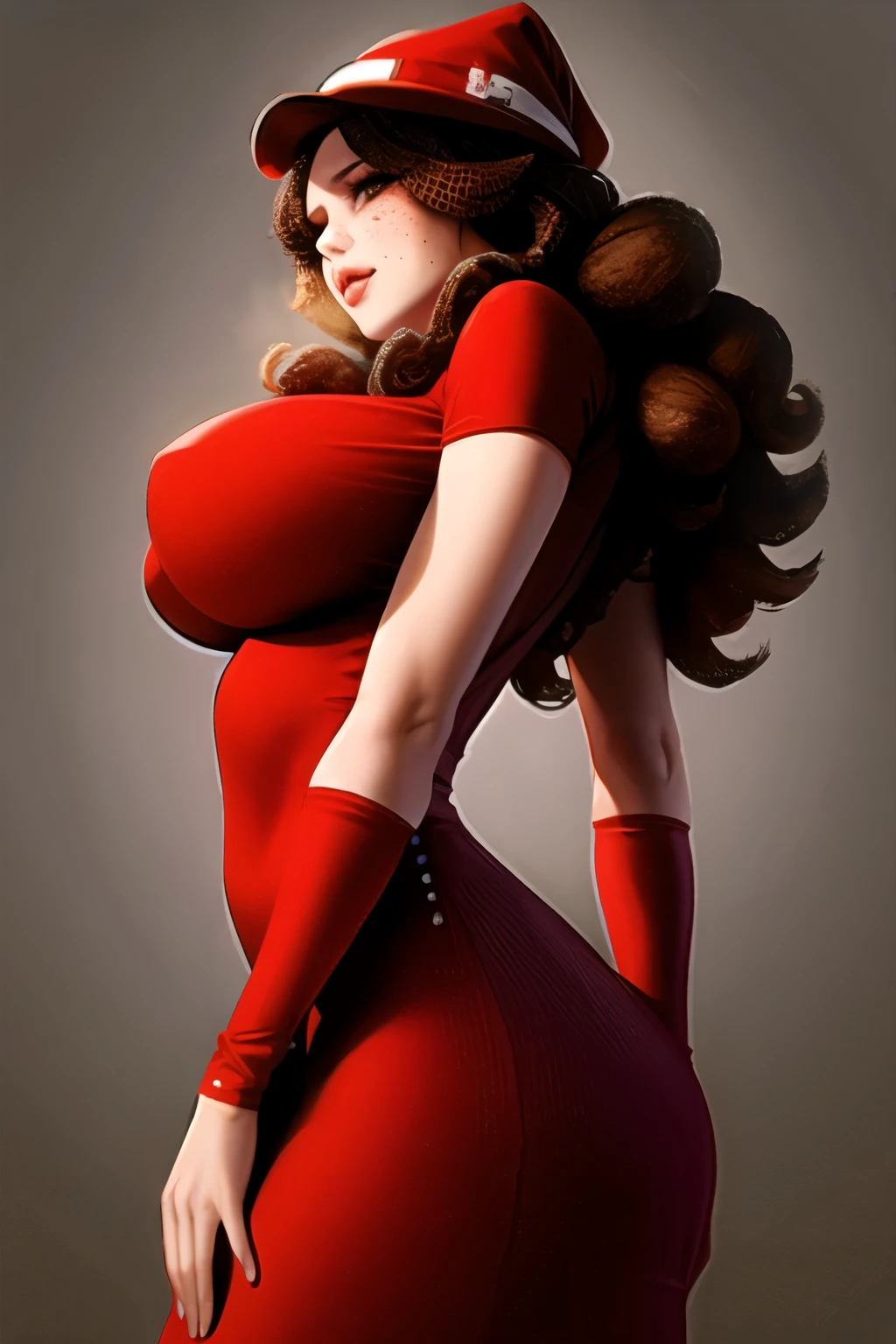 1 girl, standing alone,red theme,gazing at viewer, big,portraite,from sideways,Bad girl, curly hair, redheadwear, freckles ((mature )