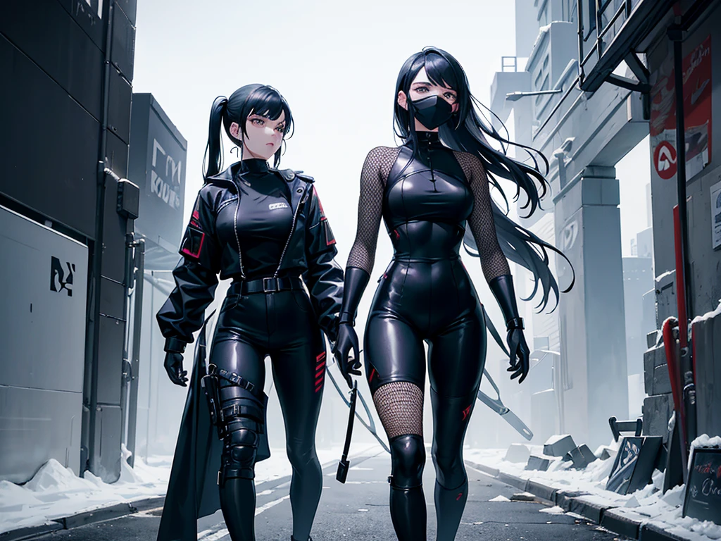 Brooke Monk and Dua Lipa in black jumpsuits wearing tech suits and armor, anime cuberpunk gothic art, gothic ninja, Fishnet clothing, gothic clothes rave cyberpunk spider web