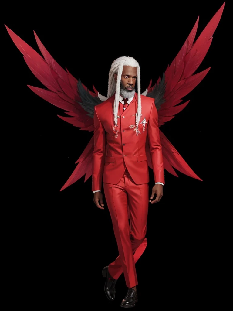 A black man with white hair, with white beard, with a red suit set and with red wings.