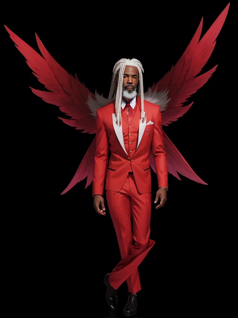 A black man with white hair, with white beard, with a red suit set and with red wings.