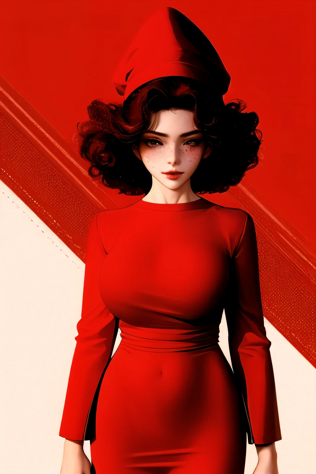 1 girl, standing alone,red theme,gazing at viewer,breasts big,portraite,from sideways,Bad girl, curly hair, redheadwear, freckles ((mature woman))