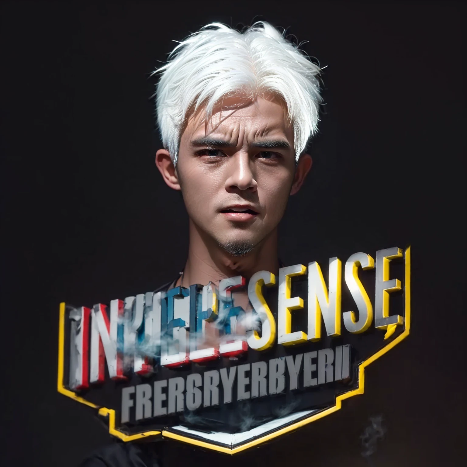 there is a man with a white hair and a black shirt, intense, JOYFUL expression, 32K, intense smoke, intense atmosphere, intensely focused, HIGH DETAIL, intelligence, intense scene, intense desire, CALM face, intense lighting, REALISTIC, more intense, PERFECT FACE, intense knowledge