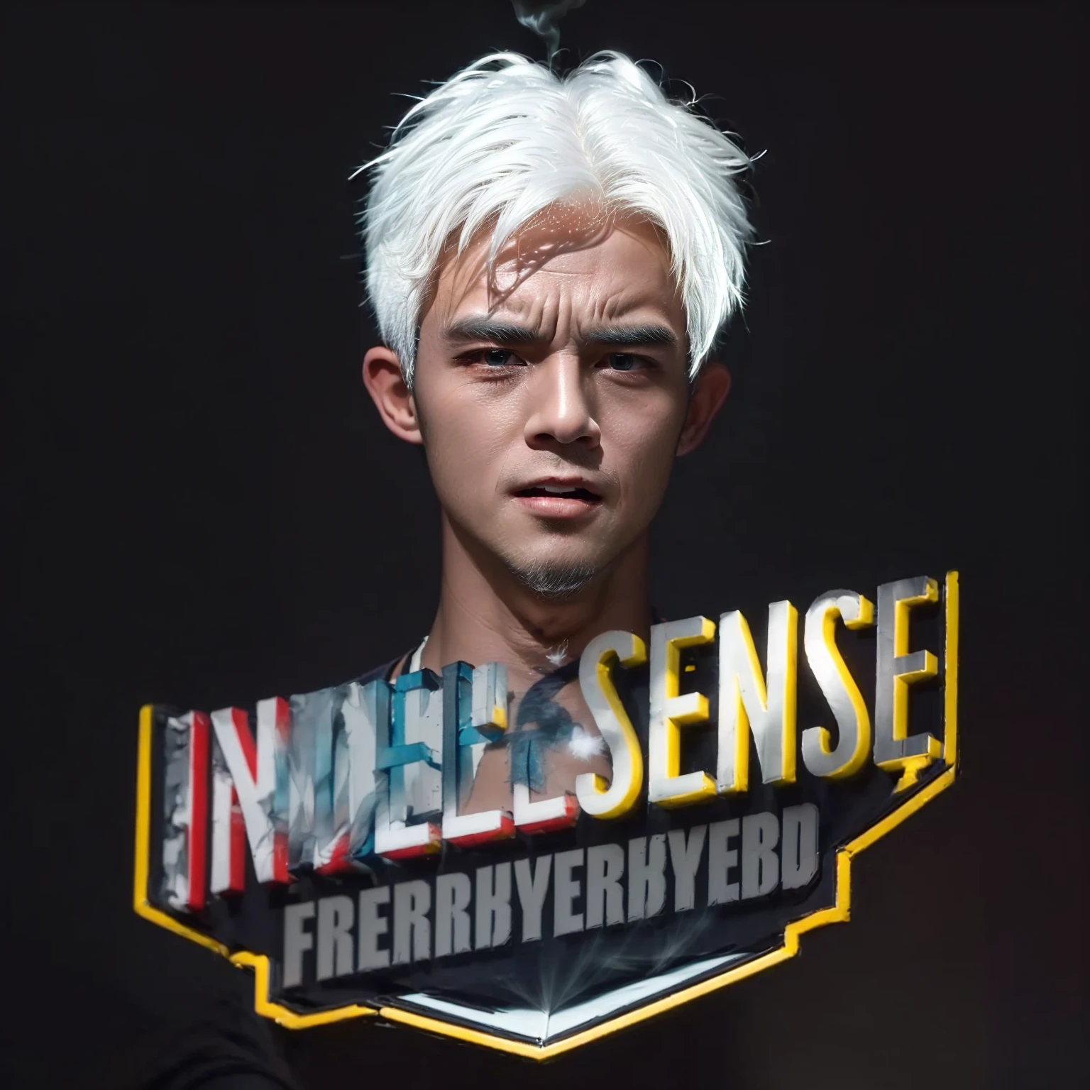 there is a man with a white hair and a black shirt, intense, JOYFUL expression, 32K, intense smoke, intense atmosphere, intensely focused, HIGH DETAIL, intelligence, intense scene, intense desire, CALM face, intense lighting, REALISTIC, more intense, PERFECT FACE, intense knowledge