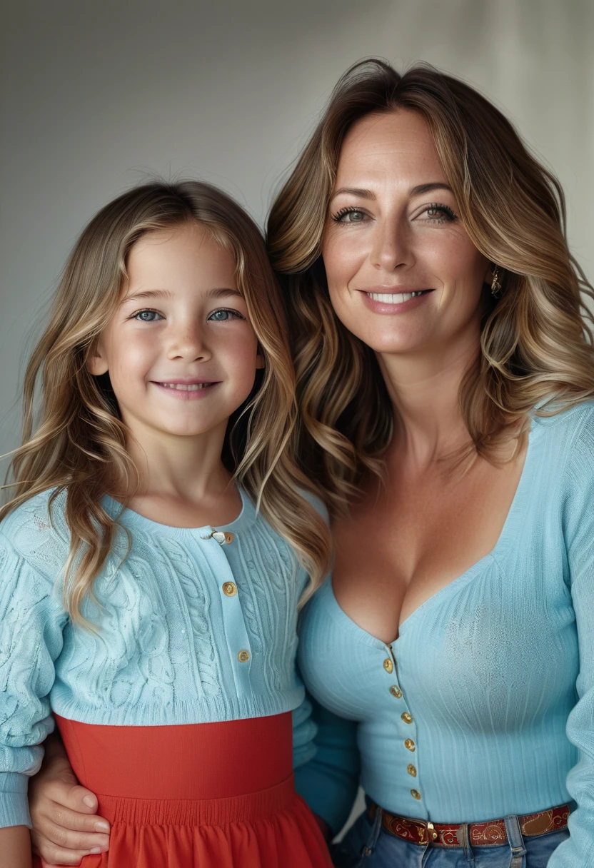 A real photograph of a half-smiling 45-year-old woman, half-saggy breasts, curvy body, and layered wavy brown hair falling in front, standing next to her smiling 11-year-old daughter. The 45-year-old woman is wearing a luxurious black and red Louis Vuitton sweater, sky blue mini shorts with tears, she looks beautiful, her daughter is wearing a Gucci sundress. They have almond-shaped eyes, a party background, full of sex and depravity with colored balloons. The two look at the photographer, hyperreal, better photography, photorealistic, lifting their shirt.