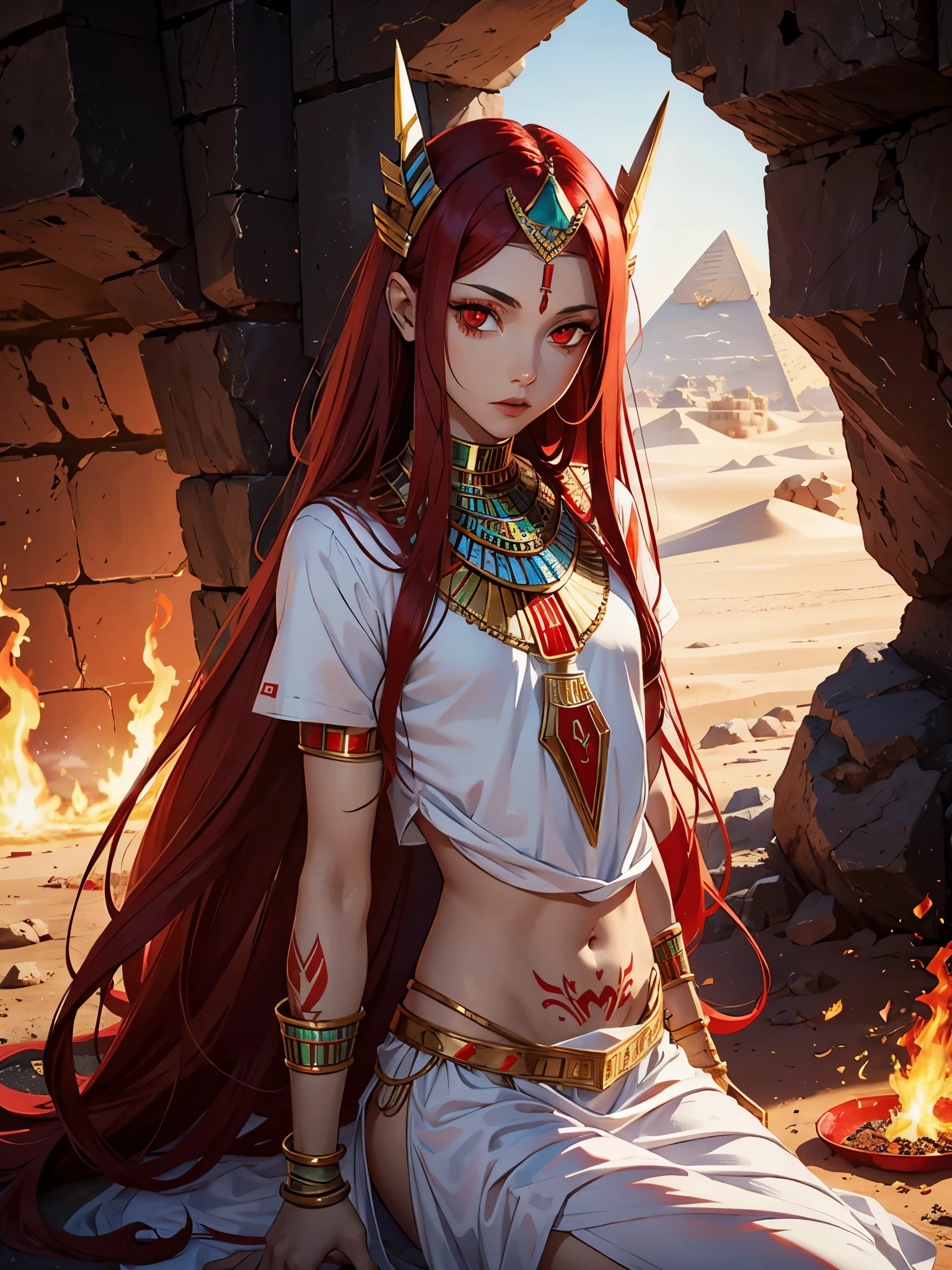 Egyptian deity Seth. long red hair, White clothing, red clothes. silver jewelry. light skin. Desert. Thron. Tattoos, Egyptian. red eye. Rotes Make Up. Feminin man. Fire.