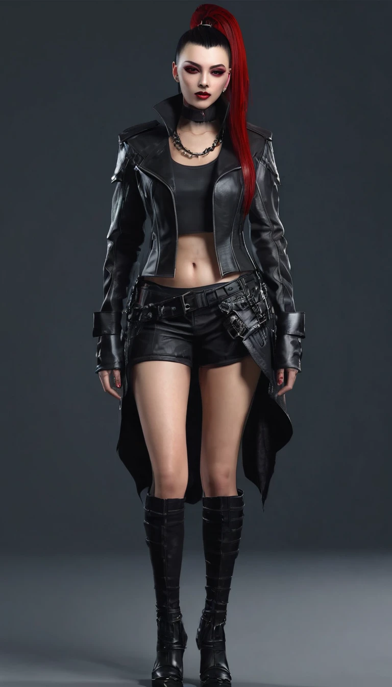 Create a full body  character and clothing items from vampire clans in modern times and create modern and cyberpunk fashion. Front, side and backCreate a full body female character and clothing items from vampire clans in modern times and create modern and cyberpunk fashion. Front, side and back