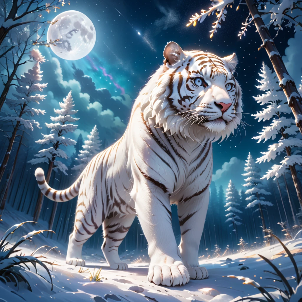 extensive landscape photography (a view from below showing the sky above and an open forest below), a white tiger on a path looking at the landscape, white siberian tiger, full fur, white fur (particle of light around of the tiger), toffu fur, night scenery, (full moon: 1.2), (shooting stars: 0.9), (nebula: 1.3), (warm light source: 1.2), (Firefly: 1.2), ( snowflake: 1.0), (snow on tree) (masterpiece: 1.2), (best quality), 4k, ultra detailed, (dynamic composition: 1.4), very detailed and colorful details, (iridescent colors: 1 ,2), (bright lighting, ambient lighting), dreamy, magical, (alone: ​​1,2)