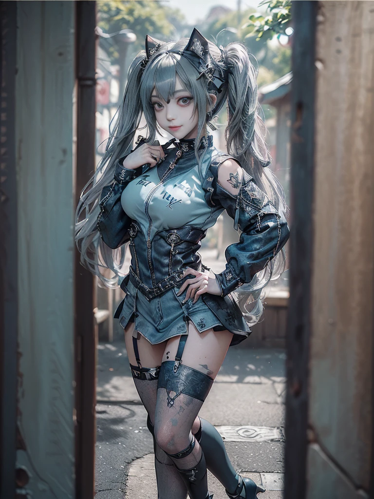 (Full Body View:1.3)、(Side view:1.1)、(Smiling with teeth showing:1.3),(Shibuya Gal:1.5)、(Gothic Lolita style fashion:1.5)、(Punk RockVisual Kei:1.5)、(Wearing a rhythmic gymnastics bodysuit with intricate details:1.4)、(Racing suit and pants with intricate decorations in white, denim and charcoal:1.5)、(Denim and light blue and white boots:1.3)、((belt))、(Numerous delicate logo marks all over the costume:1.4)、(collar:1.3)、(Striped underwear:1.5)、20-year-old、NSFW、((Highest quality、In 8K、masterpiece:1.3))、Sharp focus:1.2、(Layered Cut、Huge boobs:1.1),Beautiful woman with perfect figure:1.4、(Dancing vigorously:1.3)、Slender Abs:1.2、Highly detailed face and skin texture、Detailed eyes、double eyelid,(Twin tails:1.3)、(Dark silver hair:1.3)、Gravure idol、(The background is the stage of the fashion show:1.3)、(Slim body:1.3),(Make your legs thinner:1.4),(clavicle:1.1)、(Thin and slim thighs:1.3)