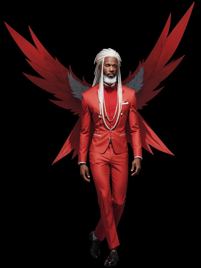 A black man with white hair, with white beard, with a red suit set and with red wings.