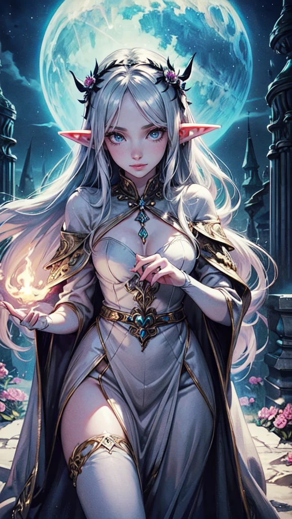 skinny elf girl with purple eyes and long silvery hair, starlight visible across her smooth and pale skin, short strapless dress, casting a spell with spiraling light, in a forest village