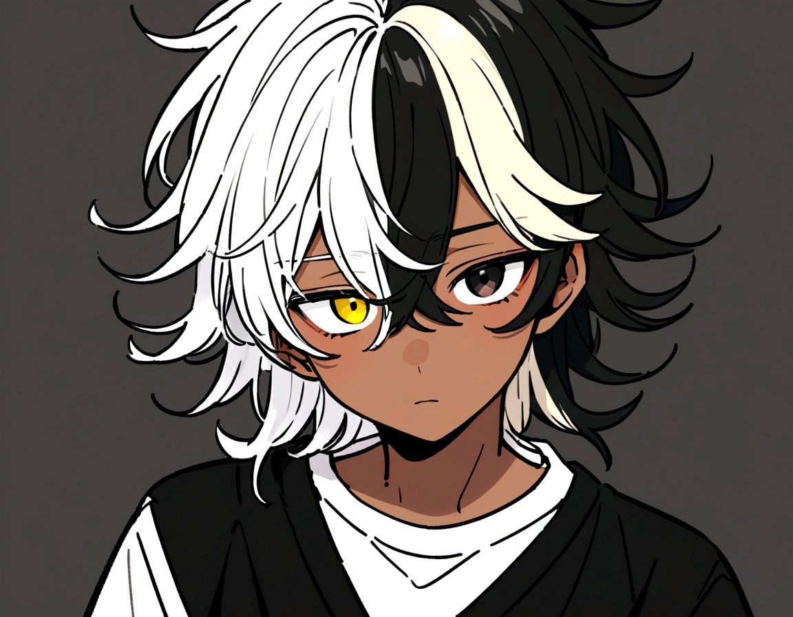 white shirt, wearing a black sweatshirt with silver details , yellow and black eyes heterochromia, expression of calm, Messy hair , Medium length hair , 1 men , multicolored black and white hair ( focus on hair containing both colors) , two tone hair , dark skin color icon format