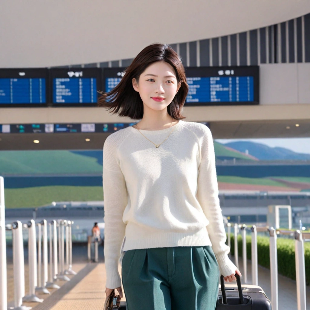 아름다운 한국 여자 , 32 인치 가슴 사이즈, 눈이 크고 예쁘네요. 키가 작다. Standing in the departure hall of the airport. . 짧은 중간 머리, Standing in the departure hall of Haneda Airport, Japan. She wore a luxury brand jumper over a white knit and jeans. Dragging a suitcase. 짧은 중간 머리, 작은 키, Full body shot with Canon camera 16-35 wide angle lens, UHD