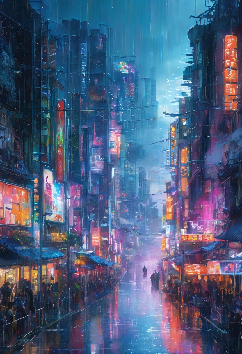 (masterpiece, 8K, UHD, high resolution: 1.4), (character wearing futuristic and technological clothing: 1.3), (cybernetic implants and a stylized look in neon tones: 1.3), (urban street full of neon signs and holograms: 1.3), (pose confident and vigilant: 1.2), (detailed and intricate cybernetic enhancements: 1.2), (background with vibrant and dynamic cityscape: 1.2), (glowing neon accents in blue, pink, and green: 1.2), (atmosphere of high-tech urban life: 1.3), (elements of sci-fi and cyberpunk: 1.2), (dynamic and immersive perspective: 1.3), (reflections of neon lights on wet pavement: 1.2), (detailed and intricate design: 1.3)