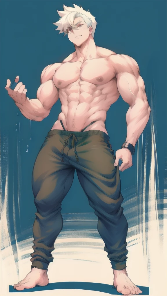 full body in image, masculine pose, jogger pants, harem pants, unique hair, full man, white harem pants, male body, slender body, short hair, full body, hot body, sexy male body, dinamic pose, six patch. detalied pose, body, simple background, expressive face, focus on face, line art, sketch
