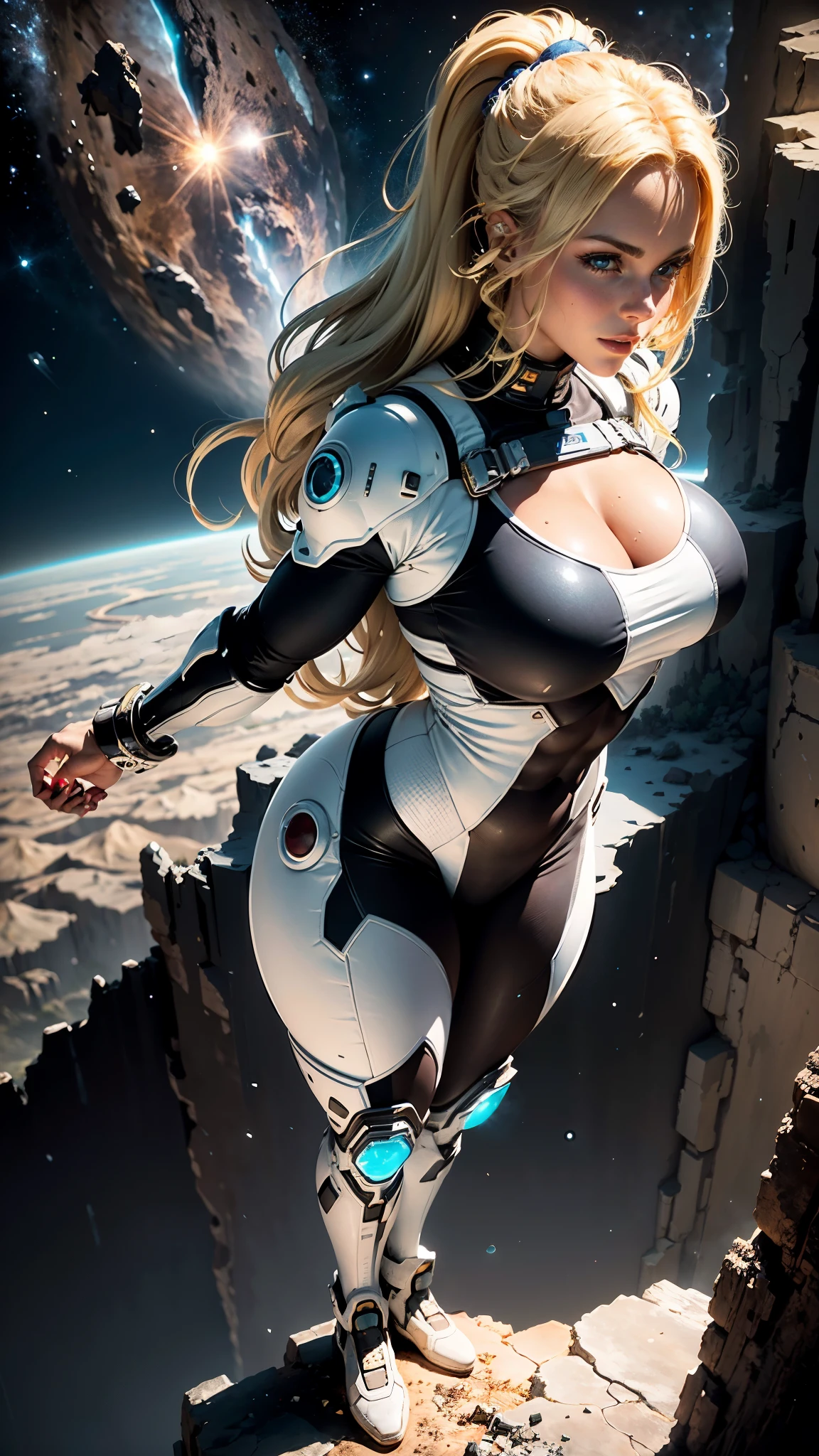 At the top of the mountain and on the edge of the cliff, a muscular blonde woman, with huge ass, breasts big, wearing white spacesuit, Looking and smiling at the camera, Beautiful feet, showing full body. Under the cliff, Four spaceships slowly emerge from the ruins of a desolate city built in the desert, Going to the stars, cinematic lighting, Glow Up, anáglifo, optical illusion, From  above, atmospheric perspective, ultra HD