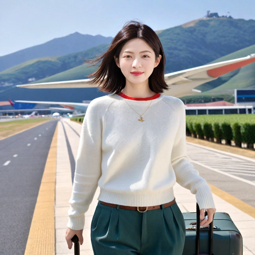 아름다운 한국 여자 , 32 인치 가슴 사이즈, 눈이 크고 예쁘네요. 키가 작다. Standing in the departure hall of the airport. . 짧은 중간 머리, Standing in the departure hall of Haneda Airport, Japan. She wore a luxury brand jumper over a white knit and jeans. Dragging a suitcase. 짧은 중간 머리, 작은 키, Full body shot with Canon camera 16-35 wide angle lens, UHD