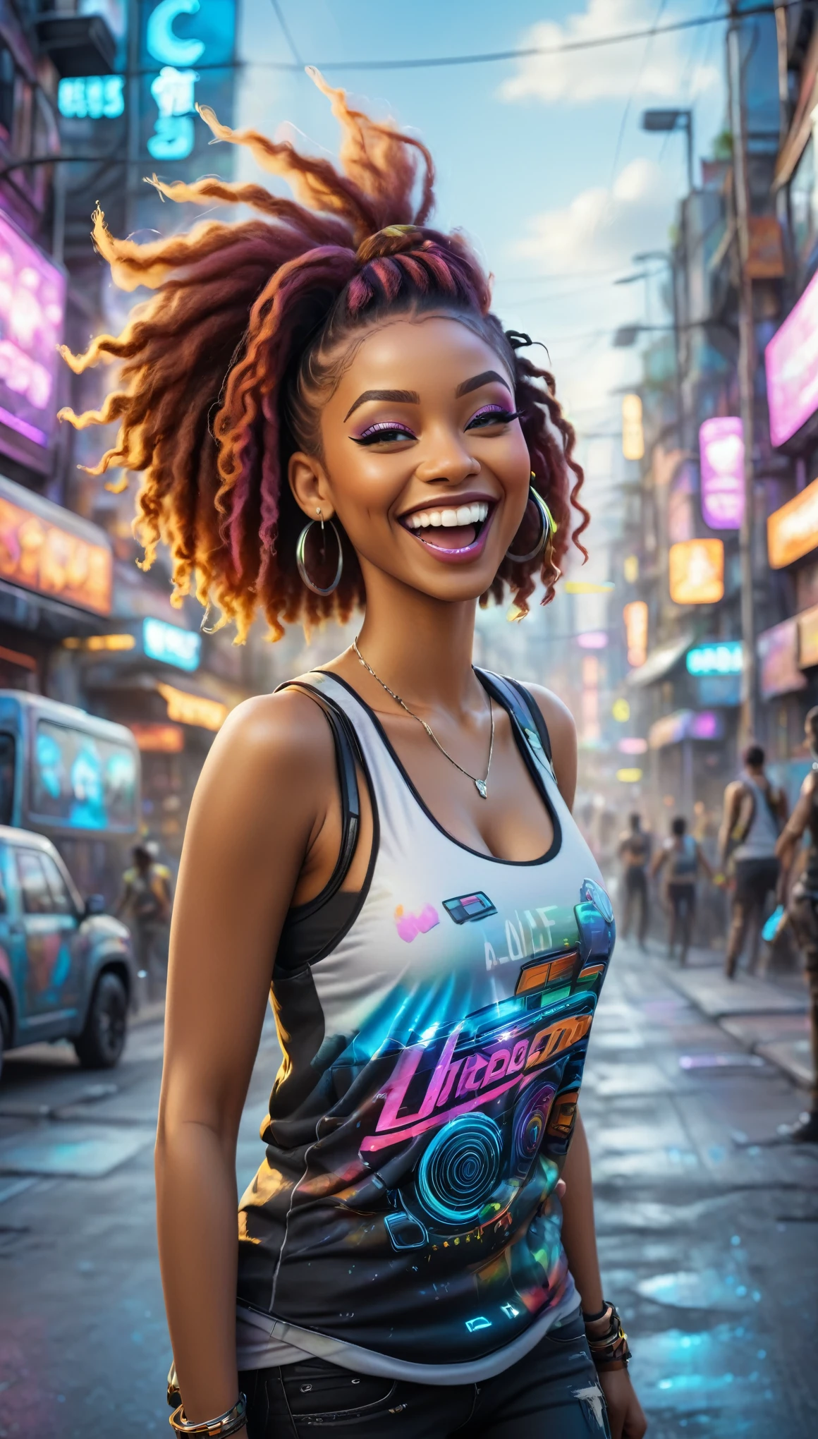 BLACK adult women dressed in urban clothing tank top, In an urban landscape and holographic signs, HAPPY on the road. are drinking and laughing, The background is modern and cyberpunk, high tech vibe. Lovely Digital Painting, 3D rendering, Bright lighting, swirly vibrant colors. adult people, BEAUTIFUL black people, different faces, flat hair