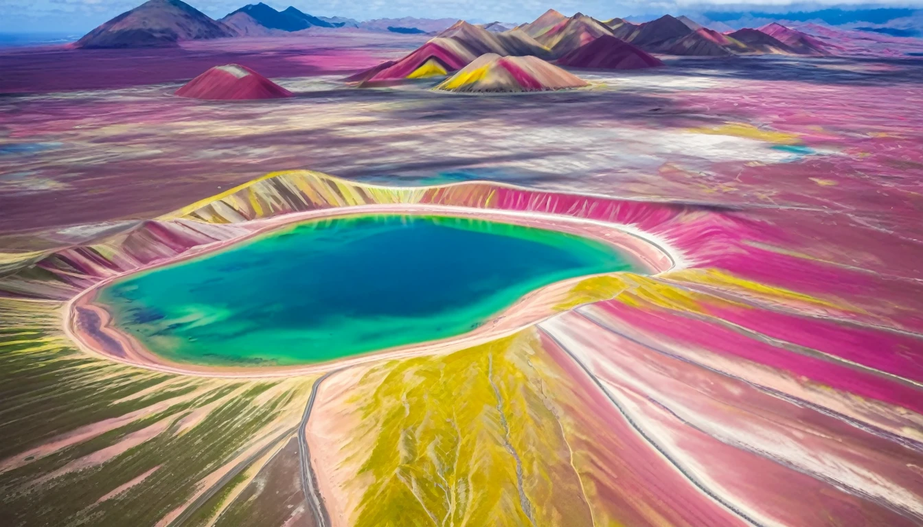 aerial view of a colored beachaerial view of colorful one vinicunca mountain, multi color, green, yellow, pink