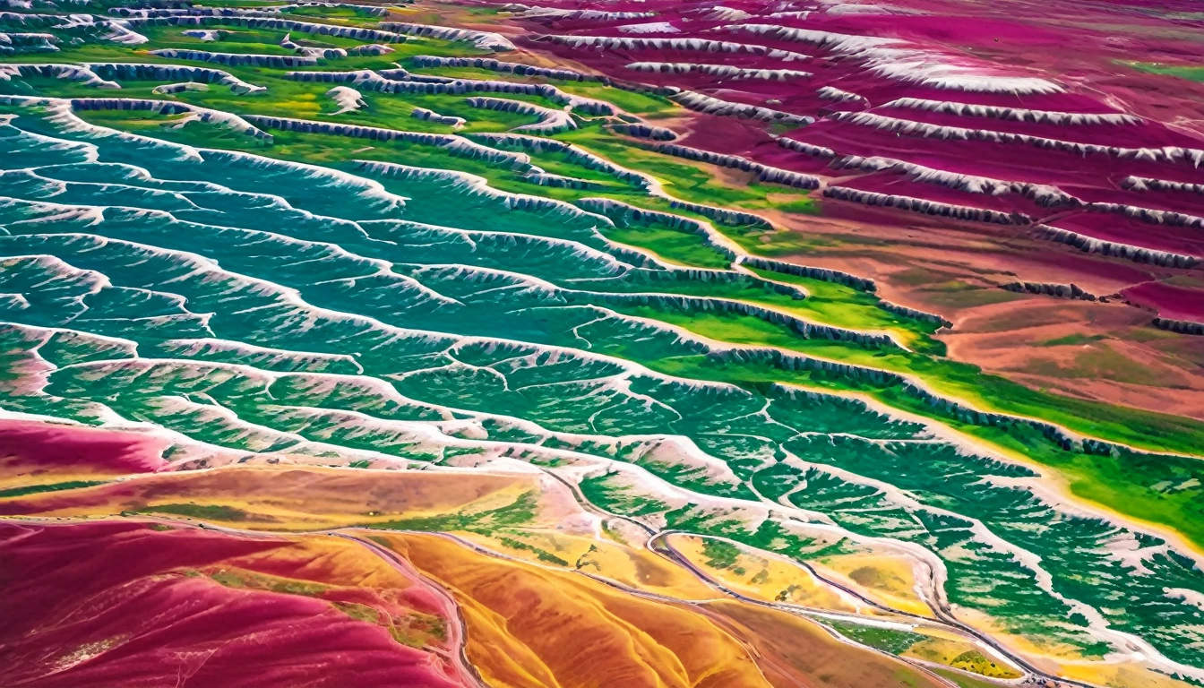 aerial view of a colored beachaerial view of colorful one vinicunca mountain, multi color, green, yellow, pink