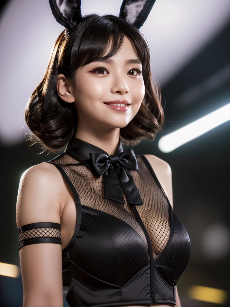 ((Ultra high resolution, highest quality, masterpiece: 1.2), (realistic, photorealistic: 1.37), highly detailed, (Nightclub, professional lighting, photon mapping, radiosity, physically-based rendering, masterpiece, rich details, background blur)
A cute Japanese woman, 18 years old, wearing a black bunny girl outfit. The outfit consists of a shiny black corset with a plunging neckline, black bunny ears, and a matching black bow tie. She is also wearing black wrist cuffs and fishnet stockings, complemented by black high heels. Her hair is styled in long, wavy twin-tails with a light brown color. She has a happy smile, showing her teeth, and has glossy skin and shiny hair. The scene is highly detailed, with professional and realistic lighting. The style is realistic and photorealistic, with extreme attention to detail, and the character has an anatomically correct body structure. The character has a nice body and very beautiful skin. She is facing to the right, looking away from the camera with a natural, candid expression. Her gaze is directed to her right, avoiding the camera completely. (Correct body structure, accurate anatomy, ultra-high quality, realistic lighting, nice body, very beautiful skin, nightclub background, background blur, facing right, looking away from the camera, natural candid photo)