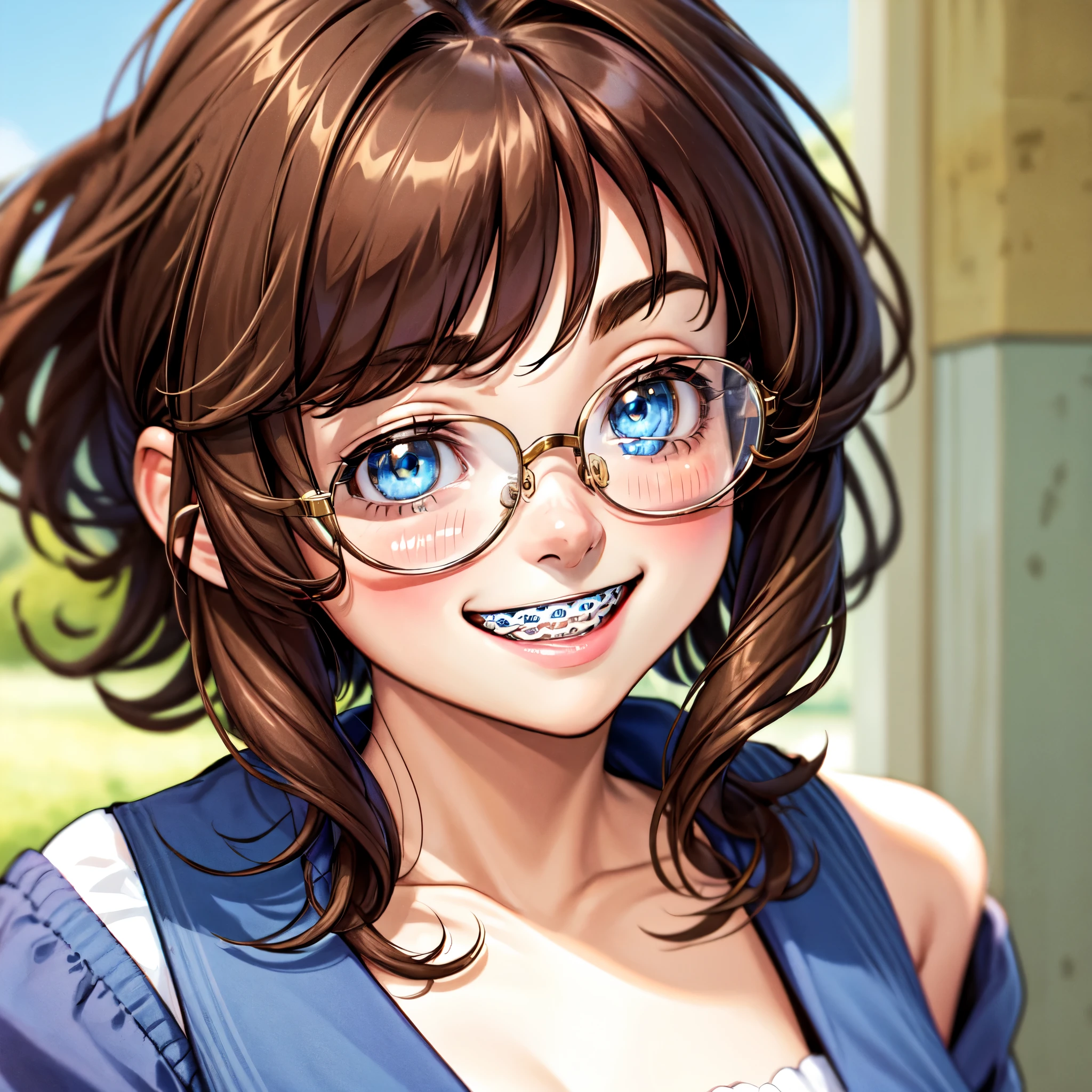 1girl, seductive eyes, braces, glasses, smiling, cute, face focus, blue eyes, blush, brown hair, best quality, masterpiece, highres