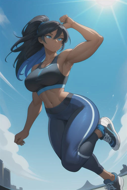 hannahpth, 1girl, perspective photo, 8k, uhd, masterpiece, black hair, cinematic lighting, long hair, (dark skinned girl:1.3), black hair, blue hair streak, blue eyes, breasts, (Athletic figure:1.2), (Wearing: blue sports bra, blue yoga pants, grey jogging shoes:1.2), model pose, sunny day, vibrant colors, cartoon, animation