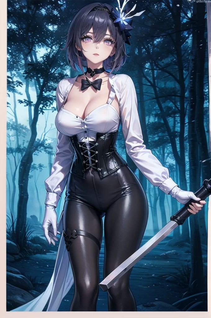 Masterpiece, Beautiful art, professional artist, 8k, Very detailed face, Detailed clothing, detailed fabric, 1 girl, Soul Fullness \(Honkai Impact 3rd\), front view, standing, BIG BREASTS, perfectly drawn body, shy expression, pale skin, beautiful face, short dark blue hair, 4k eyes, very detailed eyes, pink cheeks, choker:1.6, (white long sleeve button down shirt with white collar), black gloves, gloves that cover hands, (holds an ax with his right hand), (black leather corset), (shiny black leggings), Sensual Lips , winter night, show details in the eyes, looking at the viewer, dark forest, Atmosphere, fog, At night