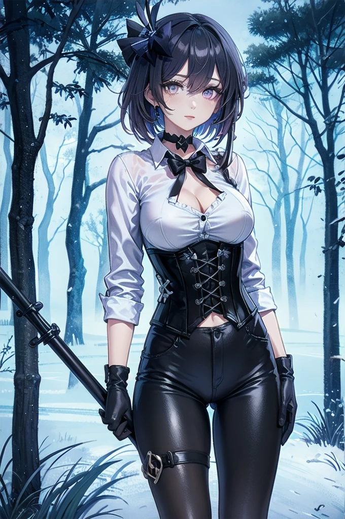 Masterpiece, Beautiful art, professional artist, 8k, Very detailed face, Detailed clothing, detailed fabric, 1 girl, Soul Fullness \(Honkai Impact 3rd\), front view, standing, BIG BREASTS, perfectly drawn body, shy expression, pale skin, beautiful face, short dark blue hair, 4k eyes, very detailed eyes, pink cheeks, choker:1.6, (white long sleeve button down shirt with white collar), black gloves, gloves that cover hands, (holds an ax with his right hand), (black leather corset), (shiny black leggings), Sensual Lips , winter night, show details in the eyes, looking at the viewer, dark forest, Atmosphere, fog, At night