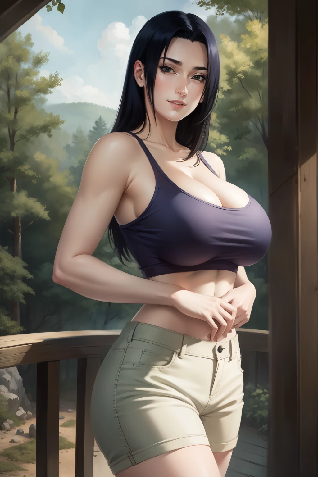 Mikoto Uchiha, oil painting, ultra-detailed, realistic, portrait, vivid colors, soft lighting, (best quality,4k,8k,highres,masterpiece:1.2), (big round breasts:1.5), professional, long black hair, black eyes, beautiful detailed eyes and face, extremely detailed smile, long eyelashes, looking at viewer, very short top, big ass, bare shoulders, white shorts, outdoors, forest, cowboy shot, clavicle.