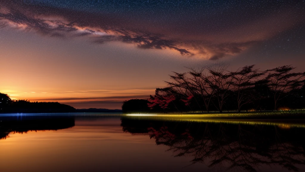 A wide angle visualization of a mystical sunset scene showing a night with a large rotating galaxy and clouds; There is a reflection of a sakura tree in the sea in the center, illuminated by fireflies, an epic moment of silent contemplation and understanding. of the meaning of your trip. Highly detailed UHD anime wallpaper, digital animation, epic.