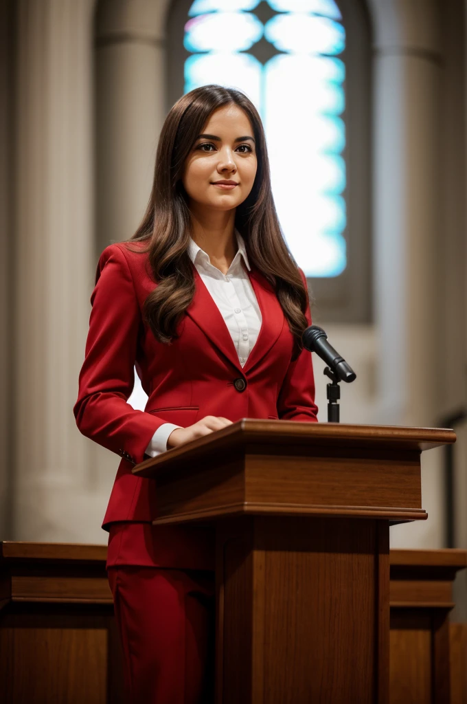 ((woman)), (30 year old), (long hair), (wearing reddish suit), (speech at a lectern), (bible on the pulpit), (modern protestant church background), (natural light), (photo realism), (hyper detailed), diffuse lighting,  (showing complete subject), ((full body shot)), (((front view))), (Nikon D850 DSLR), ((long shot at 200mm f/1. 8 lens)), (Slightly blurred background with bokeh effect),