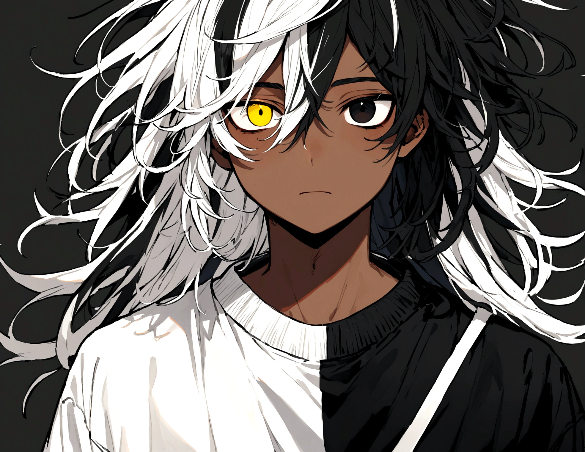 white shirt, wearing a black sweatshirt with silver details , white tennis shoes with black details, black pants, yellow and black eyes heterochromia, expression of calm, Messy hair , Medium length hair , 1 men , multicolored black and white hair ( focus on hair containing both colors) , two tone hair , dark skin color