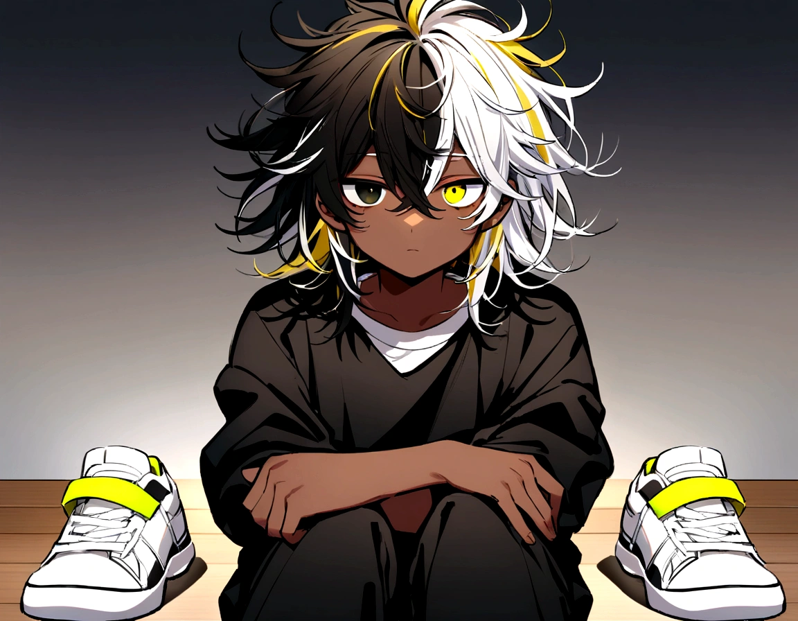 white shirt, wearing a black sweatshirt with silver details , white tennis shoes with black details, black pants, yellow and black eyes heterochromia, expression of calm, Messy hair , Medium length hair , 1 men , multicolored black and white hair ( focus on hair containing both colors) , two tone hair , dark skin color