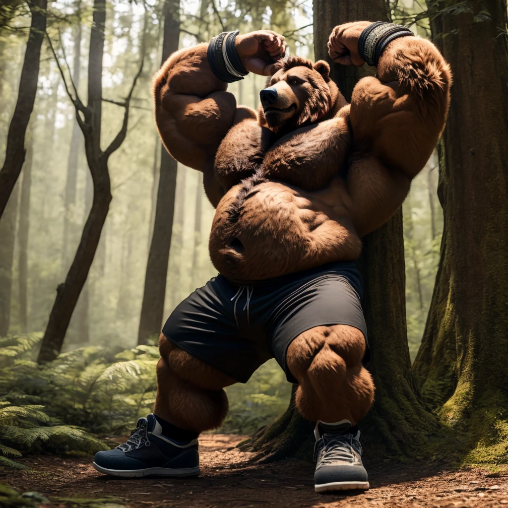 chubby Grizzly Bear adventure in forest, brown fur, thick arm, huge arm, bearded. brown hair and brown beard, bearded, muscular, pectoral, wide pectoral, realistic, 8k, masterpiece, (wearing black shorts, wristbands and shirtless:1.3, topless, shoes) stretching his body muscles