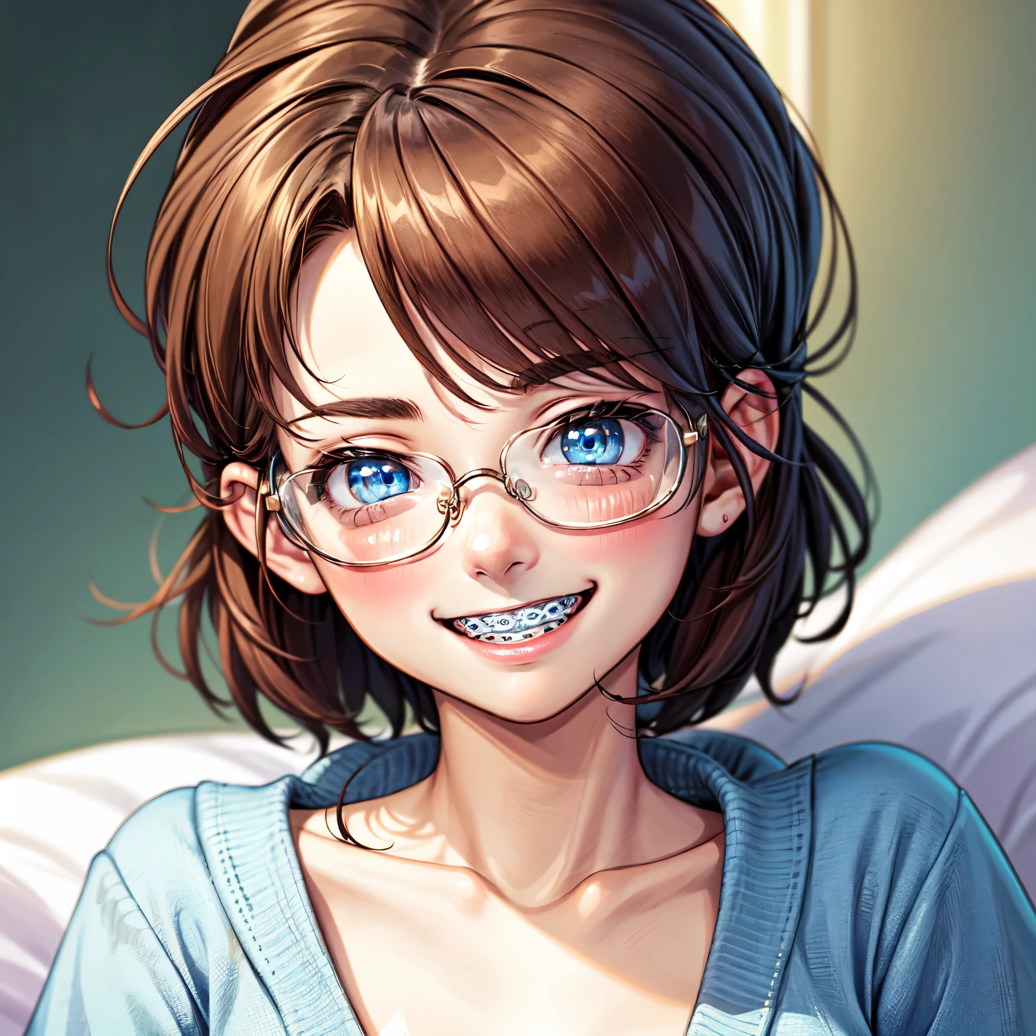 1girl, seductive eyes, braces, glasses, smiling, cute, face focus, blue eyes, blush, brown hair, best quality, masterpiece, highres