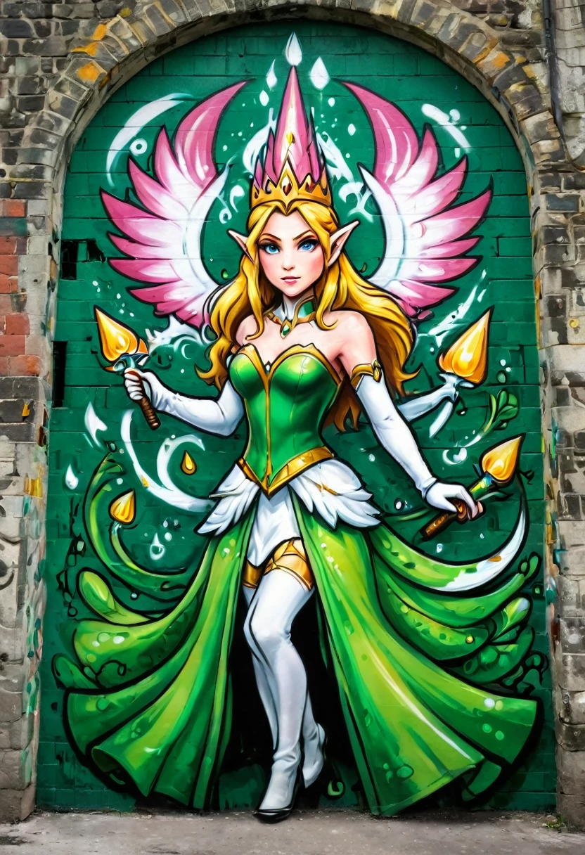 a graffiti painting art on the wall of the castle of the elf Princess Zelda on the wall of a an epic fantasy castle ,Princess Zelda (intense details, Masterpiece, best quality: 1.5), wearing intricate green dress, delicate diamond crow, ultra detailed face, ultra feminine, fair skin, exquisite beauty, gold hair, long hair, wavy hair, small pointed ears, dynamic eyes color, wearing heavy green and white armor, shinning metal, armed with elven sword, ais-graffiti, chumbasket art style, graffiti art 