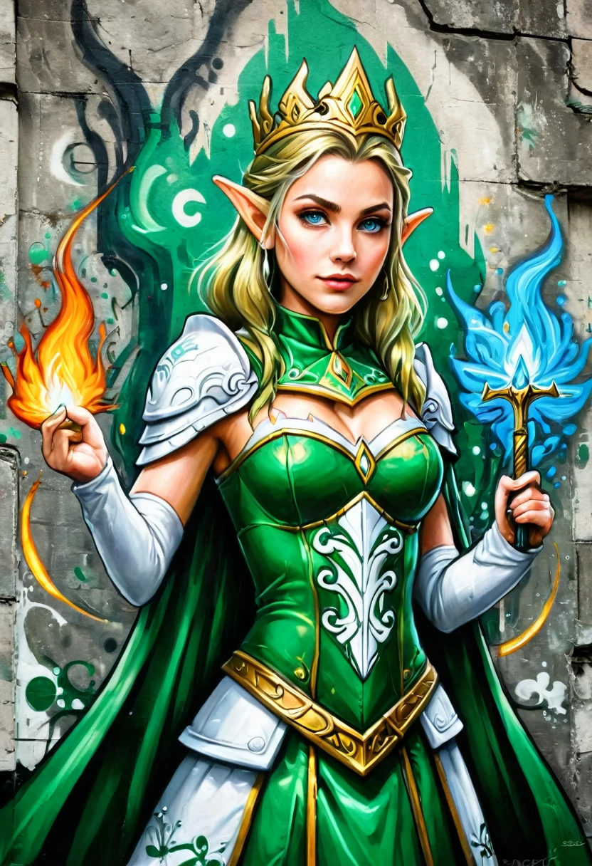 a graffiti painting art on the wall of the castle of the elf Princess Zelda on the wall of a an epic fantasy castle ,Princess Zelda (intense details, Masterpiece, best quality: 1.5), wearing intricate green dress, delicate diamond crow, ultra detailed face, ultra feminine, fair skin, exquisite beauty, gold hair, long hair, wavy hair, small pointed ears, dynamic eyes color, wearing heavy green and white armor, shinning metal, armed with elven sword, ais-graffiti, chumbasket art style, graffiti art 