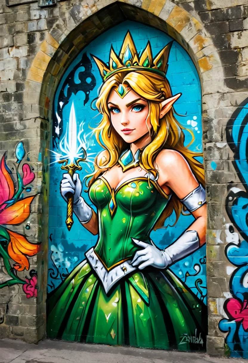 a graffiti painting art on the wall of the castle of the elf Princess Zelda on the wall of a an epic fantasy castle ,Princess Zelda (intense details, Masterpiece, best quality: 1.5), wearing intricate green dress, delicate diamond crow, ultra detailed face, ultra feminine, fair skin, exquisite beauty, gold hair, long hair, wavy hair, small pointed ears, dynamic eyes color, wearing heavy green and white armor, shinning metal, armed with elven sword, ais-graffiti, chumbasket art style, graffiti art 