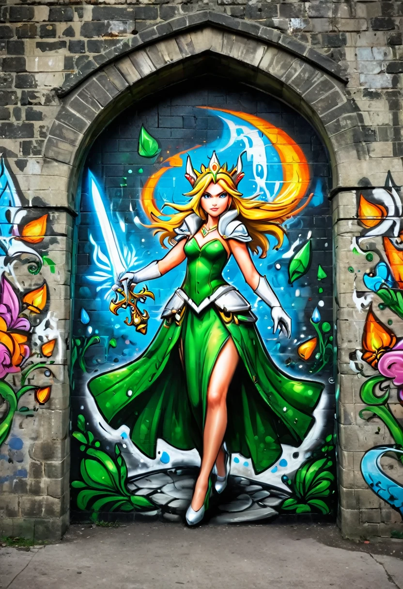 a graffiti painting art on the wall of the castle of the elf Princess Zelda on the wall of a an epic fantasy castle ,Princess Zelda (intense details, Masterpiece, best quality: 1.5), wearing intricate green dress, delicate diamond crow, ultra detailed face, ultra feminine, fair skin, exquisite beauty, gold hair, long hair, wavy hair, small pointed ears, dynamic eyes color, wearing heavy green and white armor, shinning metal, armed with elven sword, ais-graffiti, chumbasket art style, graffiti art 