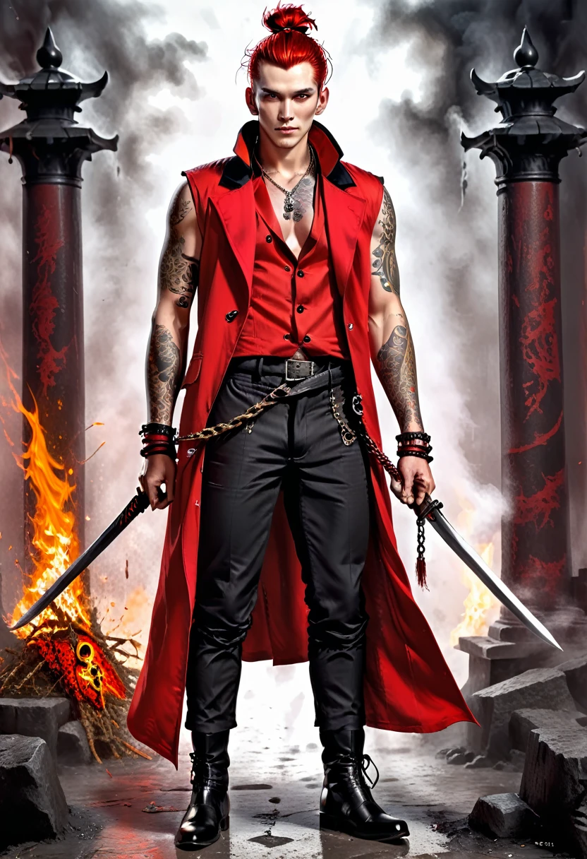 Overview Young red man with pale white skin. his eyes are red and black with no trace of white, he has a bad smile and a terrifying look, he is athletic and he is dressed in a red sleeveless coat, and black pants and black boots,his whole body covered with tattoos of criminals,He fights with two swords to which are attached to the pomo two large chains that he can in his own way. Behind him there are fires,Photorealistic style