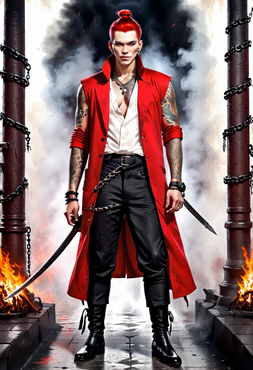 Overview Young red man with pale white skin. his eyes are red and black with no trace of white, he has a bad smile and a terrifying look, he is athletic and he is dressed in a red sleeveless coat, and black pants and black boots,his whole body covered with tattoos of criminals,He fights with two swords to which are attached to the pomo two large chains that he can in his own way. Behind him there are fires,Photorealistic style