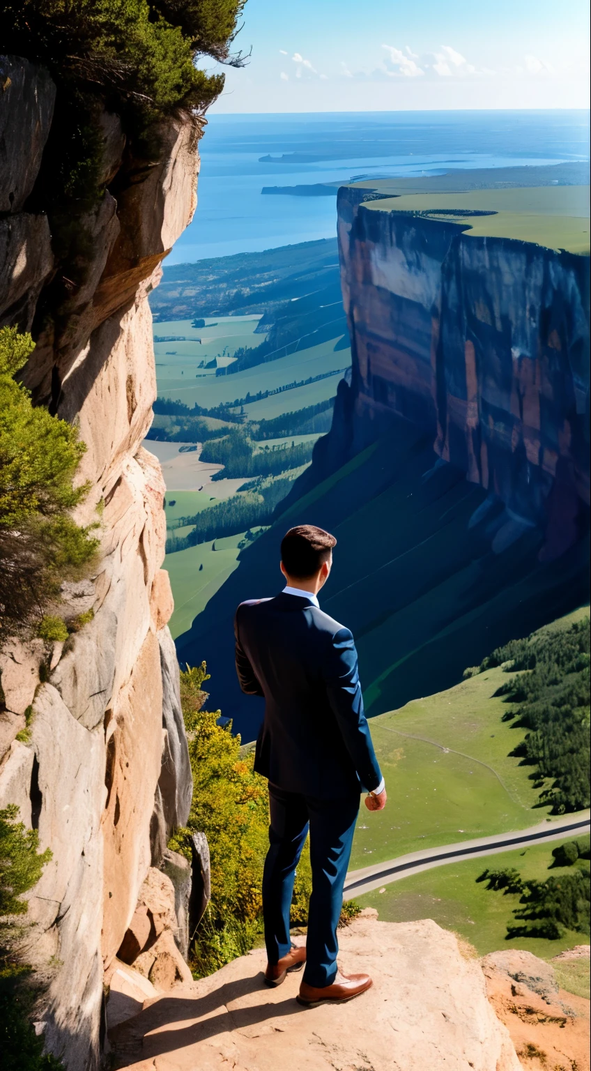 A confident man standing at the edge of a cliff, looking out over a vast landscape, symbolizing freedom and unconventional paths.