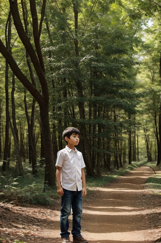 There is a beautiful tree in a forest near which a boy is standing and that tree also speaks