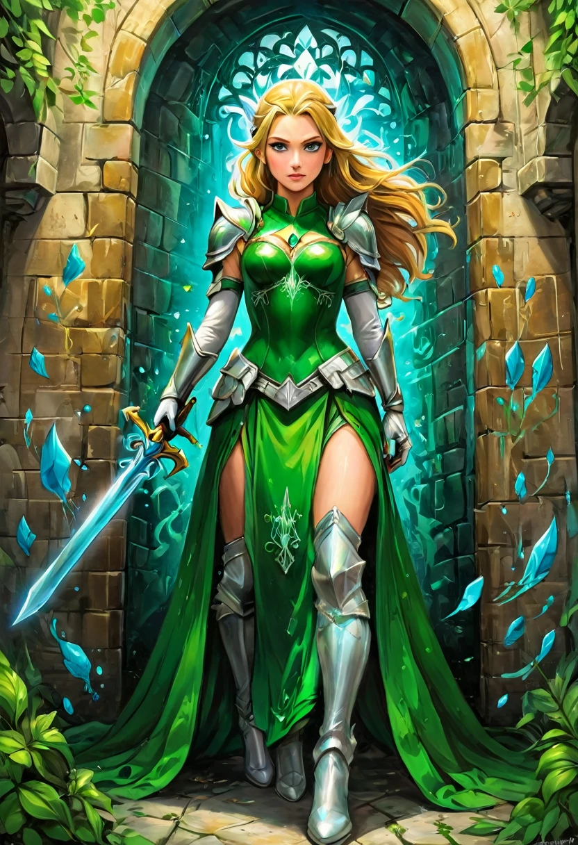 a  graffiti painting art on the wall of the castle of Princess Zelda on the wall of a castle, ,Princess Zelda (intense details, Masterpiece, best quality: 1.5), wearing intricate green dress, delicate diamond crow, ultra detailed face, ultra feminine, fair skin, exquisite beauty, gold hair, long hair, wavy hair, small pointed ears, dynamic eyes color, wearing heavy green and white armor, shinning metal, armed with elven sword, ais-graffiti, chumbasket art style, graffiti art 