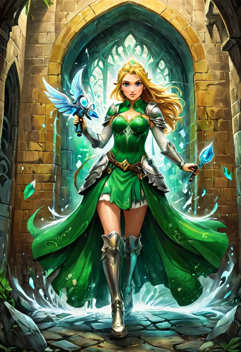 a graffiti painting art on the wall of the castle of Princess Zelda on the wall of a castle, ,Princess Zelda (intense details, Masterpiece, best quality: 1.5), wearing intricate green dress, delicate diamond crow, ultra detailed face, ultra feminine, fair skin, exquisite beauty, gold hair, long hair, wavy hair, small pointed ears, dynamic eyes color, wearing heavy green and white armor, shinning metal, armed with elven sword, ais-graffiti, chumbasket art style, graffiti art