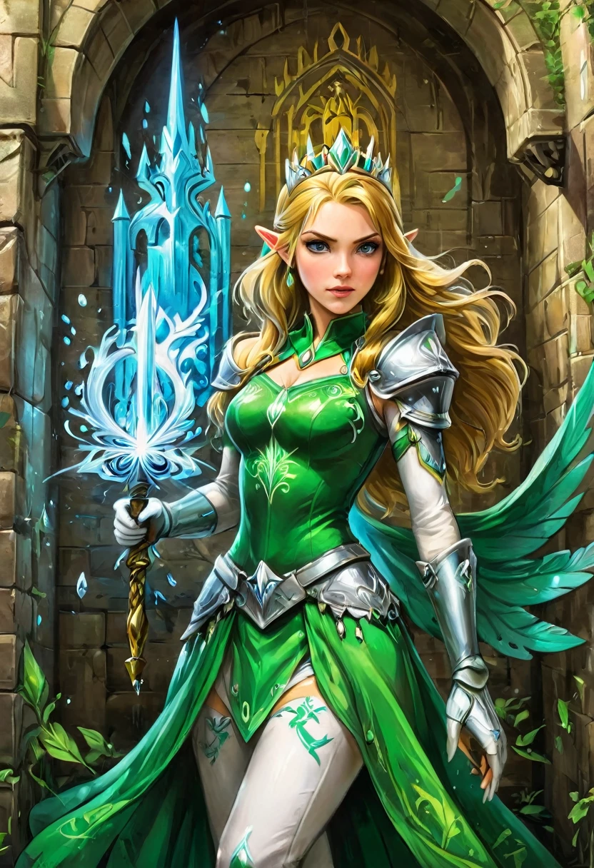 a  graffiti painting art on the wall of the castle of Princess Zelda on the wall of a castle, ,Princess Zelda (intense details, Masterpiece, best quality: 1.5), wearing intricate green dress, delicate diamond crow, ultra detailed face, ultra feminine, fair skin, exquisite beauty, gold hair, long hair, wavy hair, small pointed ears, dynamic eyes color, wearing heavy green and white armor, shinning metal, armed with elven sword, ais-graffiti, chumbasket art style, graffiti art 