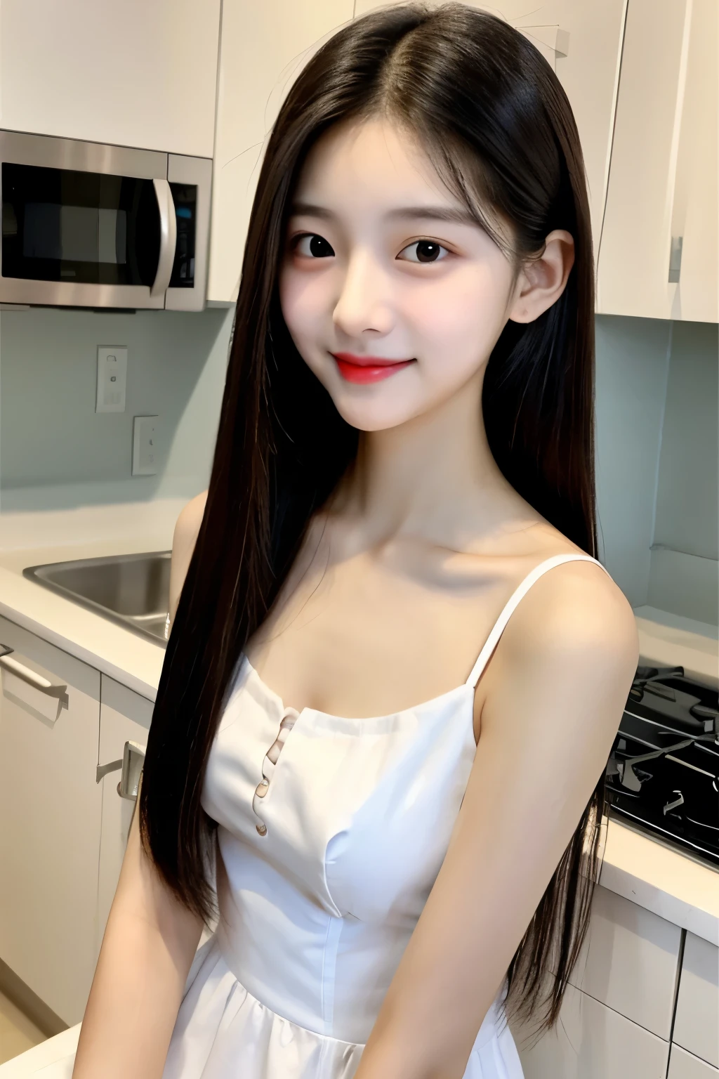 young South Korean girls, beauty face, Cute face, Sweet face, thin, long sleek Straight hair style, lipstick, dress, night, Girl With a perfect figure, Thin body, cooking