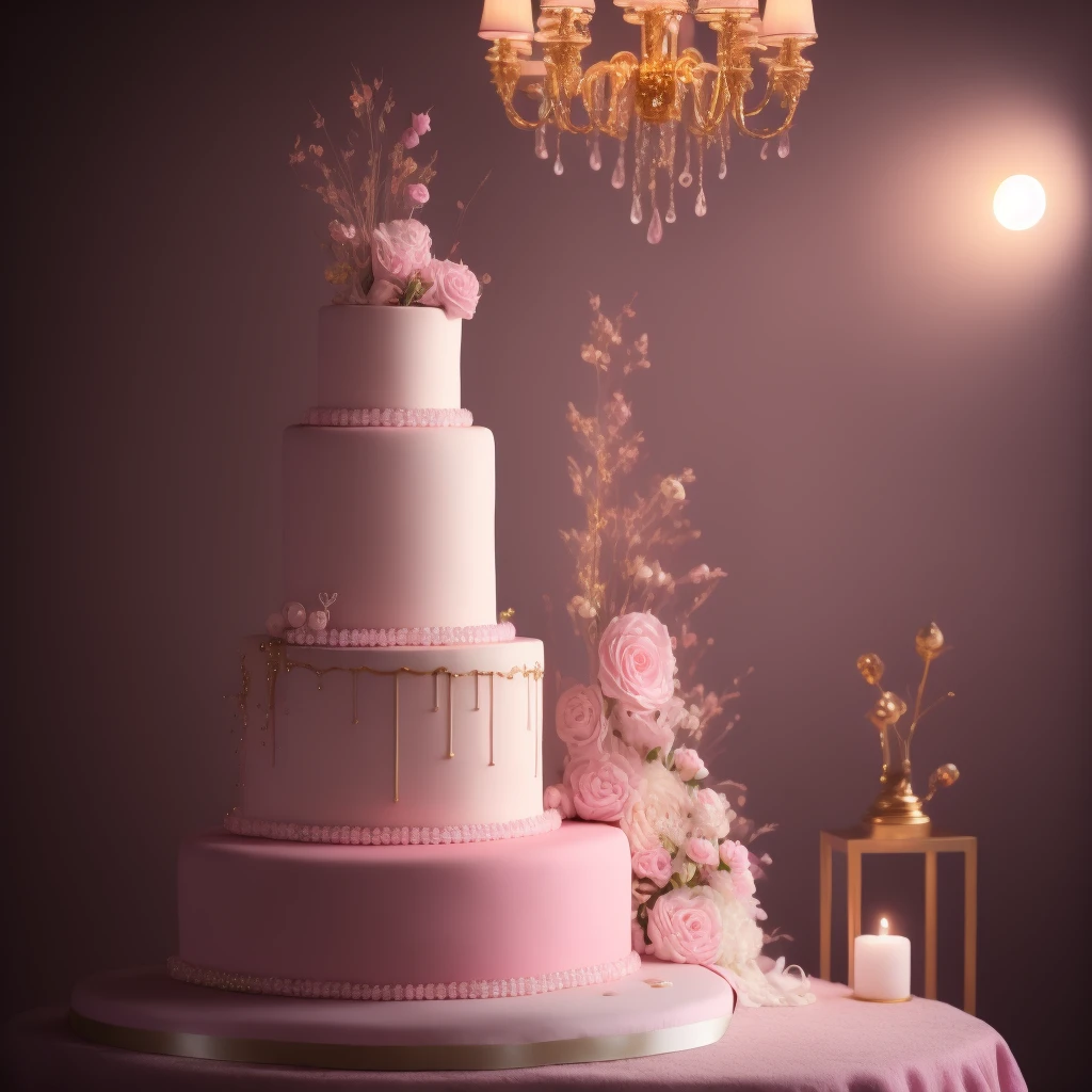 ((ultr detailed weding CAKE))(pink there、white、yellow、viola)、Cozy pastries、Lighting Particles、Dynamic light effects、Futuristic and incredibly detailed、Hyper-resolution, work of art, ultra-resolution, 16K