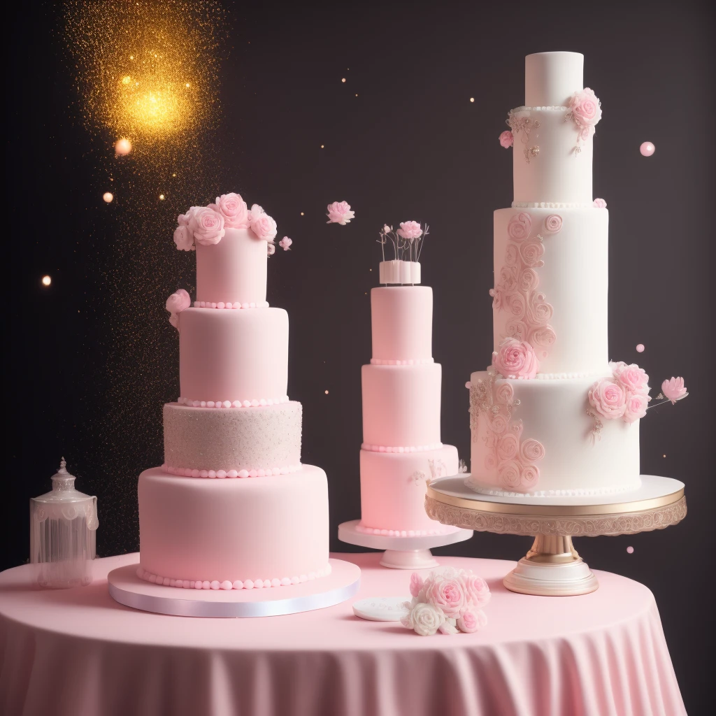 ((ultr detailed weding CAKE))(pink there、white、yellow、viola)、Cozy pastries、Lighting Particles、Dynamic light effects、Futuristic and incredibly detailed、Hyper-resolution, work of art, ultra-resolution, 16K