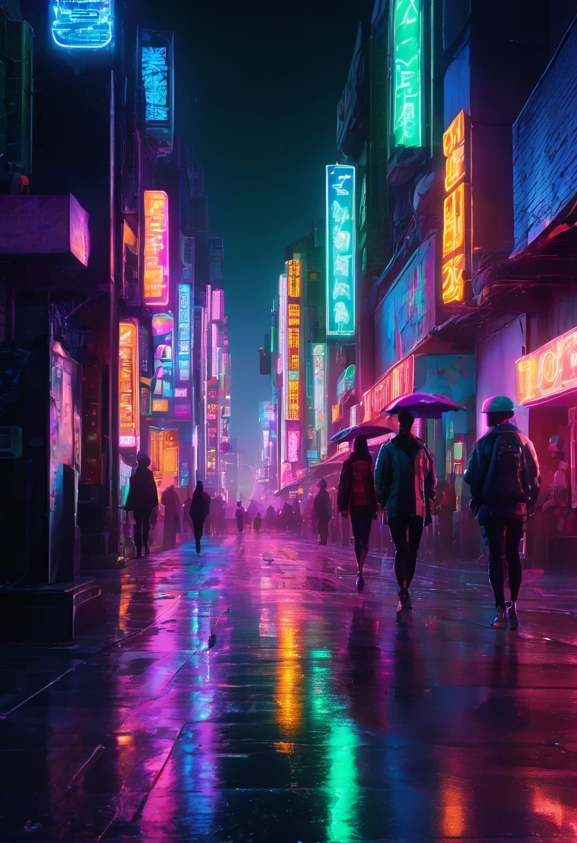 (masterpiece, 8K, UHD, high resolution: 1.4), (character wearing futuristic and technological clothing: 1.3), (cybernetic implants and a stylized look in neon tones: 1.3), (urban street full of neon signs and holograms: 1.3), (pose confident and vigilant: 1.2), (detailed and intricate cybernetic enhancements: 1.2), (background with vibrant and dynamic cityscape: 1.2), (glowing neon accents in blue, pink, and green: 1.2), (atmosphere of high-tech urban life: 1.3), (elements of sci-fi and cyberpunk: 1.2), (dynamic and immersive perspective: 1.3), (reflections of neon lights on wet pavement: 1.2), (detailed and intricate design: 1.3)